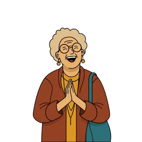 2 Mamie aux cheveux frisés qui se tiens les mains jointes et qui ri la bouche ouvert et les yeux fermés
